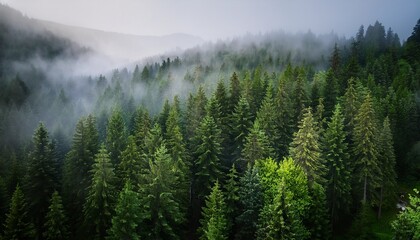 a vertical shot captures the beauty of a forest filled with green coniferous trees shrouded in mist