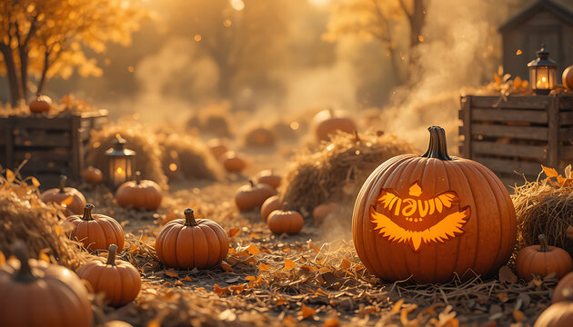 Glowing jack o lantern pumpkin with carved face in a misty autumn field surrounded by other pumpkins and fall foliage at dusk