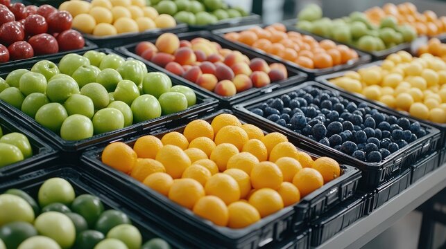 Colorful fruits including oranges, apples, and lemons are neatly arranged in display boxes at a lively market, highlighting the freshness of produce