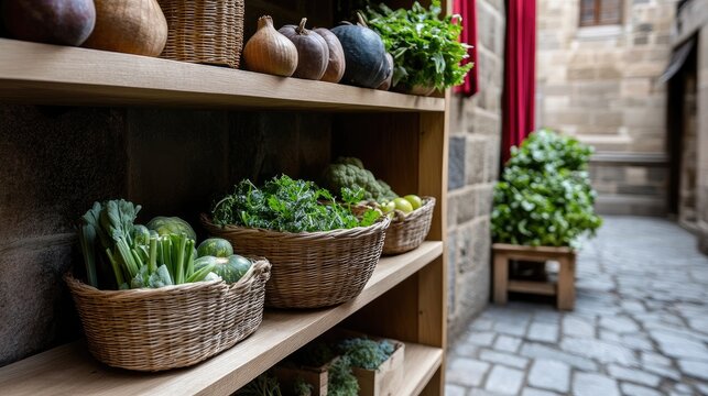 Colorful fruits are neatly arranged on wooden shelves, attracting customers in a lively street market under overcast skies