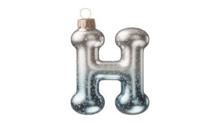 Vintage silver glass letter h christmas ornament with a rustic wooden cap and hanging loop isolated on transparent background