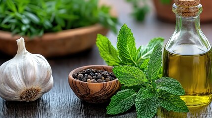 Glass bottles of olive oil and balsamic vinegar sit on wood, surrounded by herbs and garlic, creating a cozy atmosphere