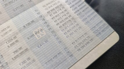 Close-up passbook page with printed rows and security texture for financial themes.

