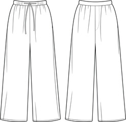 Technical flat sketch of wide-leg pants, drawstring waistband design, fashion template, garment construction drawing, apparel illustration, clothing blueprint, vector outline, relaxed fit