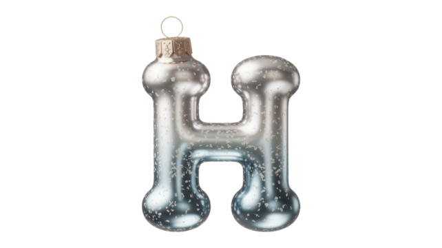 Vintage silver glass letter h christmas ornament with a rustic wooden cap and hanging loop isolated on transparent background