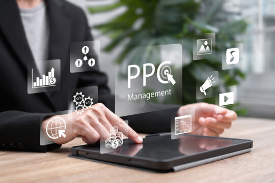Pay-Per-Click (PPC) Digital Advertising Management, Businesswoman Planning Online Marketing Strategy, Search Engine Ad Campaign Optimization, Click Budget Control, Targeting High-Impact Digital Growth