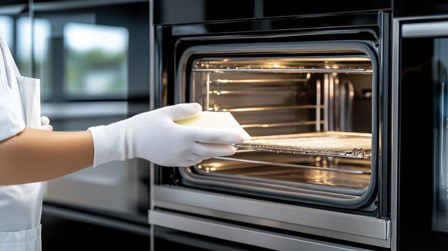 Close-up of a gloved hand cleaning an oven with foam, sunlight illuminating the careful task of removing dirt and grime effectively