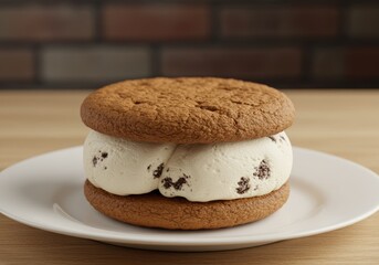 Ice cream cookie sandwich dessert with chocolate chip ice cream and baked cookies