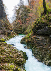 The Radovna River creative  impressive landscapes of Vintgar gorge in Triglav National Park in Slovenia.