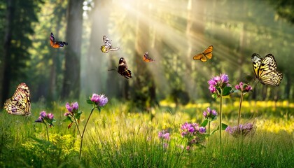 a sunny day in a summer forest glade filled with flowering grass and butterflies