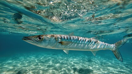 Obraz premium Baracuda in Motion: Fast Sea Fish Swimming Under the Seascape of Mexico