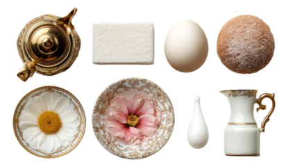Elegant Isolated Objects Featuring Floral Design and Vintage Tableware Elements