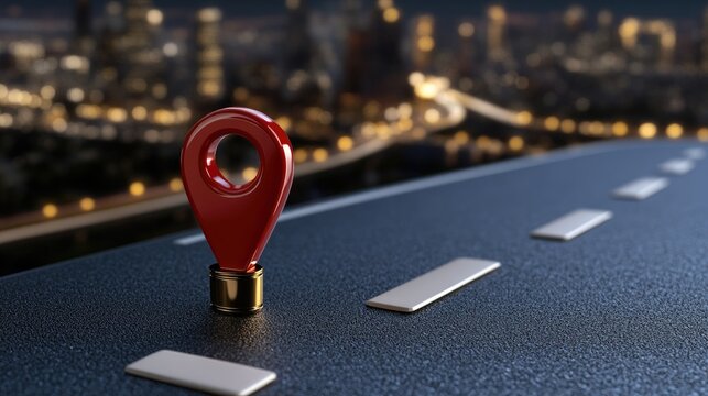 Bright red location pin stands on asphalt road leading to a city skyline, representing the beginning of a new adventure and diverse paths to explore