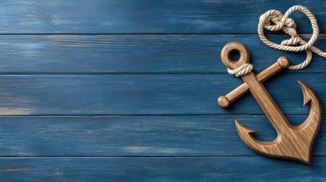 Wooden anchor tied with rope lies on a rich blue background, perfect for conveying nautical vibes while offering space for text