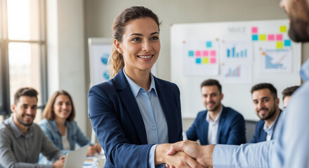 Confident businesswoman smiling and shaking hands with a colleague during a meeting in a modern office.