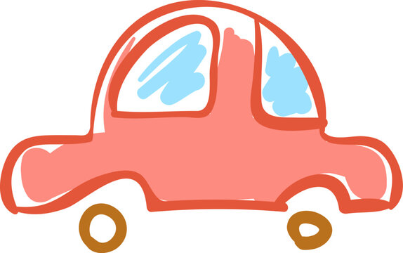 Child drawing red car doodle on white background