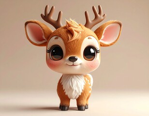 A charming 3D chibi reindeer mascot with tiny antlers, round eyes, and soft pastel textures. Ideal for holiday characters, Christmas decorations, and cute winter illustrations.