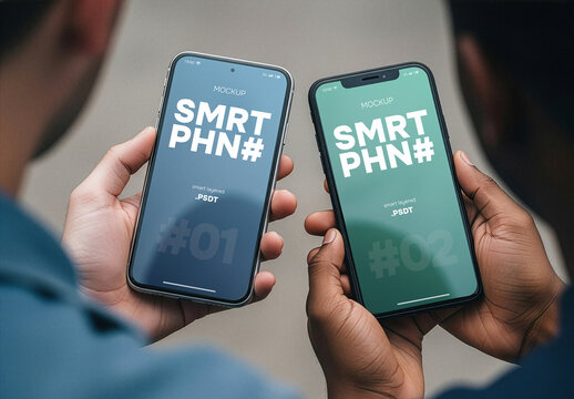 Closeup mockup of two smartphone screens held by two teenagers 