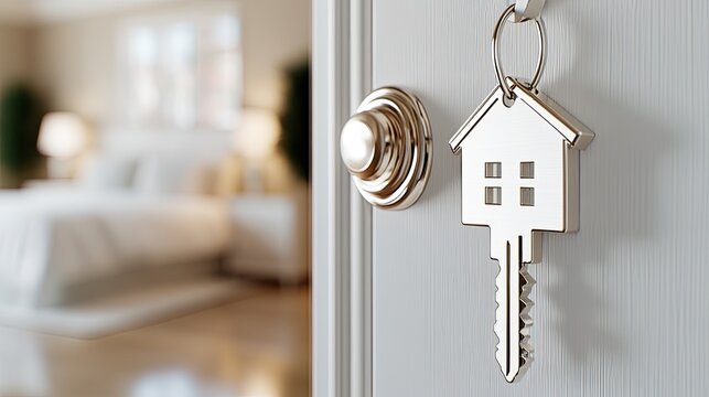 Silver house-shaped keychain hangs on door handle, with a softly blurred bedroom and Christmas tree glowing in the background