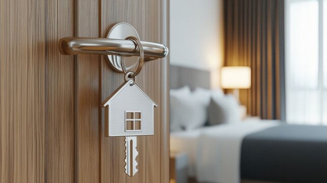 Silver house-shaped keychain hangs on door handle, with a softly blurred bedroom and Christmas tree glowing in the background