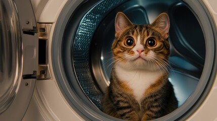 A cute fat cat stares with wide eyes from the inside of a washing machine, surrounded by a bright and airy environment