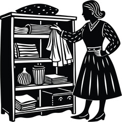 Woman Arranging Clothes Silhouette in Wardrobe Vintage Style Graphic Illustration on White Background