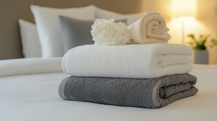 Folded white and gray towels are positioned next to each other, complementing the elegant hotel decor and spa-like ambiance