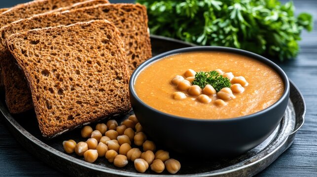 Bright orange sweet potato and chickpea soup garnished with croutons and fresh herbs displayed on a rustic kitchen tray, inviting warmth and comfort - Powered by Adobe
