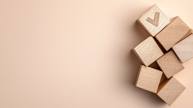 Wooden cubes depicting a checkmark and house icon illustrate the concept of investing in luxury real estate on a pastel background