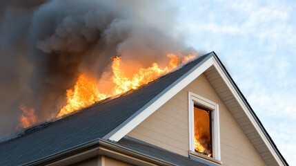 Flames erupt from the upper level of a house while dark smoke rises into the sky, alarming neighbors in a peaceful community