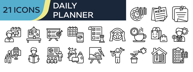 Collection of Daily Planner icons, related to Daily Routine, Sticky Note, Homework, Activity Tracker, Action List and more. Outline icons vector illustation.