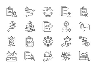 Survey thin line icon set. Containing feedback, opinion, questionnaire, poll, research, participant, results, inquiry, response, quality. Vector illustration
