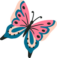 Colorful butterfly with pink and teal wings flying