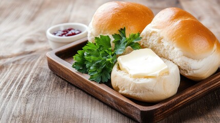 Fluffy sweet buns arranged on a wooden plate with butter and jam, illuminated by natural light in a cozy kitchen setting