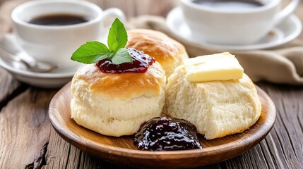 Fluffy sweet buns arranged on a wooden plate with butter and jam, illuminated by natural light in a cozy kitchen setting