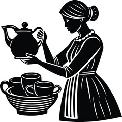 Woman with Tea Kettle and Cups Silhouette in Black and White Style on White Background