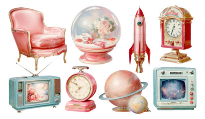 Vintage Retro Collection of Art Objects in Soft Color Palette with Isolated Background