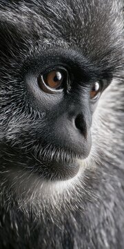 Close-Up of a Silvered Leaf Monkey: Textured Black Fur and Expressive Eyes