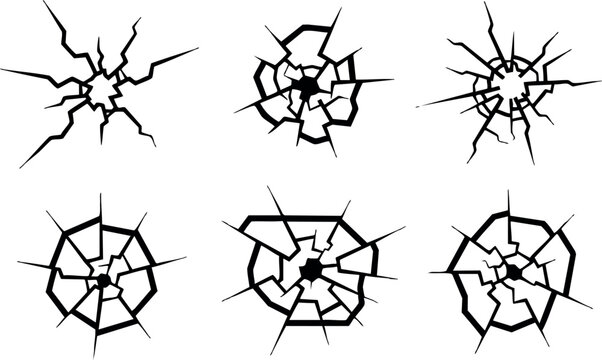 Broken glass crack vector set with various shattered patterns for design and illustration use