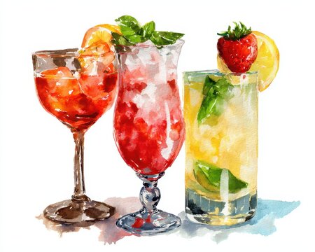 Artistic Illustration of Signature Cocktails: Vibrant Summer Drinks with Fruits and Refreshing Accents