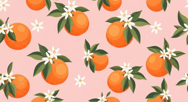 Seamless pattern of ripe oranges with green leaves and white blossoms on a light pink background, evoking a fresh and vibrant citrus theme for summer or tropical designs