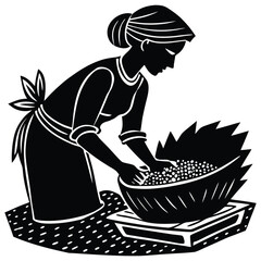 Woman Silhouette Washing Produce in a Basket, Black and White Illustration on White Background