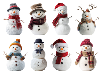PNG Charming snowmen with winter accessories, element set on transparent background