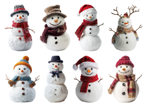 PNG Charming snowmen with winter accessories, element set on transparent background
