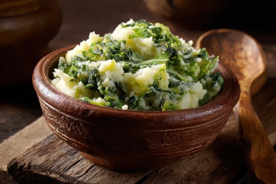 Delicious Irish Colcannon: Creamy Mashed Potatoes with Savoy Cabbage in a Cozy Bowl