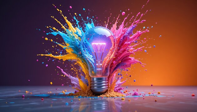 Vivid explosion of multicolored paint surrounding a glowing light bulb on reflective surface