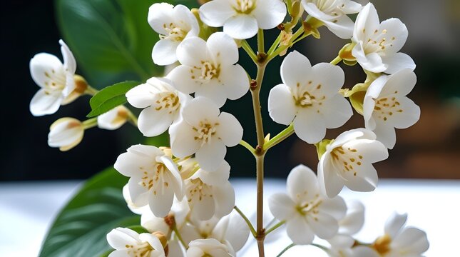 A high-resolution photograph of white jasmine flowers against a pure white background. The image shows a single stem with multiple white flowers in ful