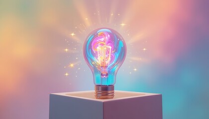 Creative glowing light bulb with colorful neon filament and radiant illumination on a pedestal in