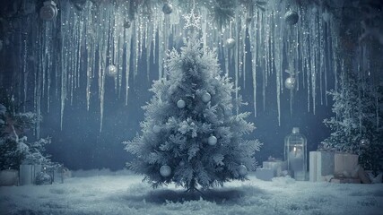 Magical Frost Covered Christmas Tree in Snowy Winter Forest with Hanging Ornaments - Powered by Adobe