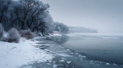 Enchanting Frozen Lake and Snowy Shoreline in a Muted Winter Landscape with Crisp Ice Formations and Delicate Light Accenting a Peaceful, Mysterious Ambiance
